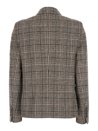 Brunello Cucinelli Women Beige Double-Breasted Jacket With Peak Revers And All-Over Check Motif In Wool For Women