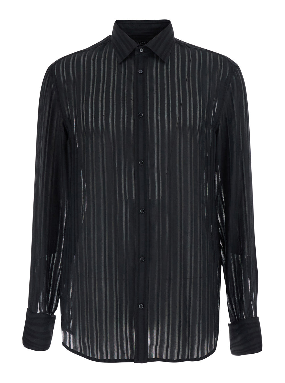 GUCCI Gucci Men Black Shirt With Classic Collar And All-Over Striped Pattern In Silk For Men