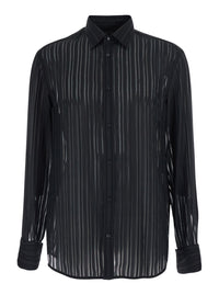 GUCCI Gucci Men Black Shirt With Classic Collar And All-Over Striped Pattern In Silk For Men