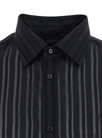 GUCCI Gucci Men Black Shirt With Classic Collar And All-Over Striped Pattern In Silk For Men