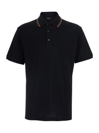 Gucci Men Black Polo Shirt With Web Collar And Short Sleeves In Cotton For Men