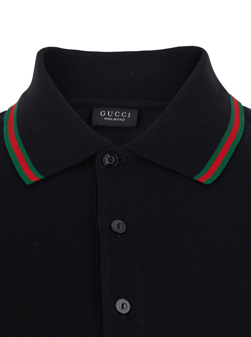 Gucci Men Black Polo Shirt With Web Collar And Short Sleeves In Cotton For Men
