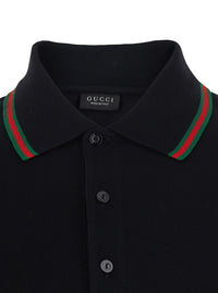 Gucci Men Black Polo Shirt With Web Collar And Short Sleeves In Cotton For Men