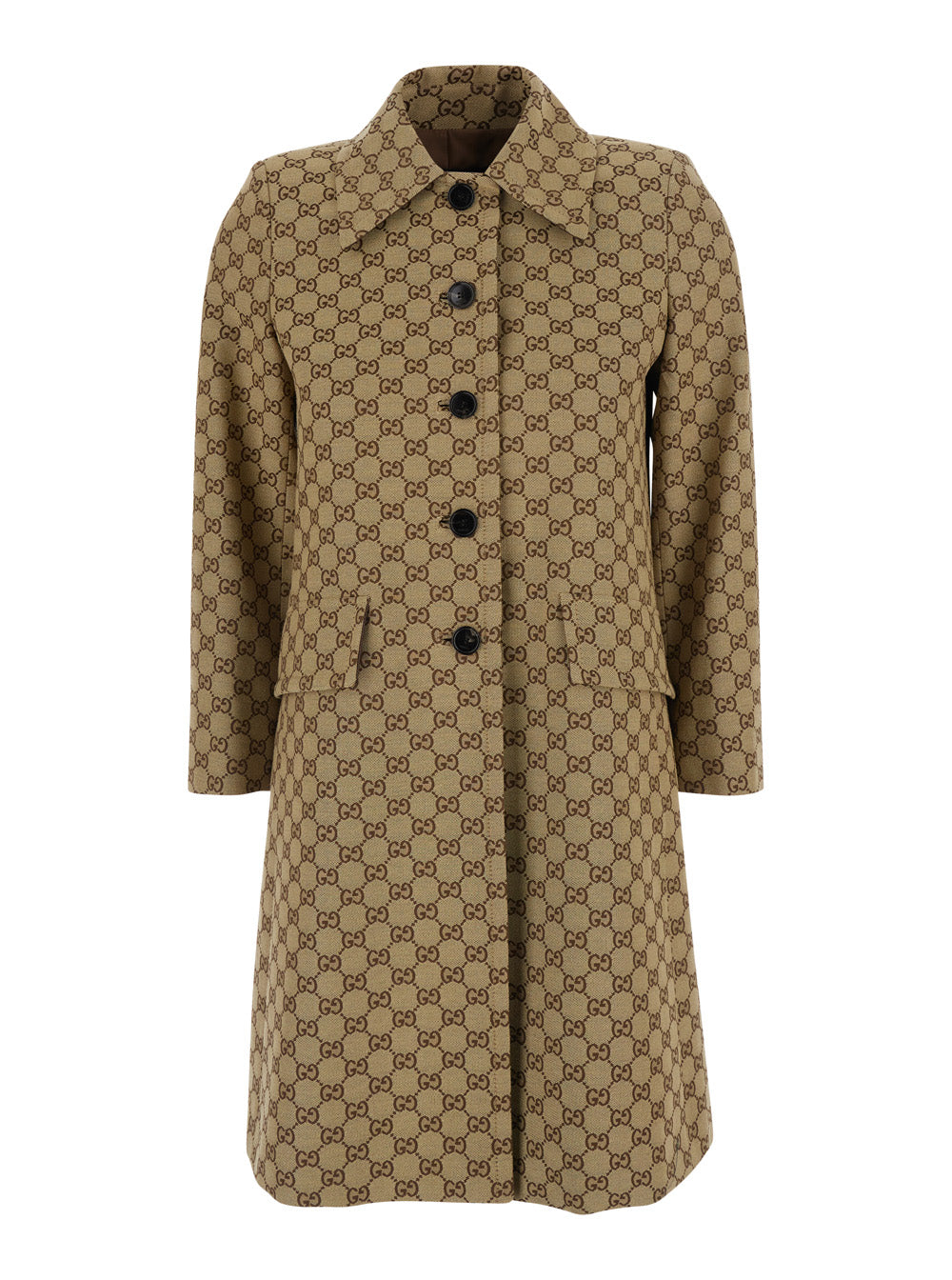 Gucci Women Beige Coat With Pointed Collar In Gg Canvas For Women
