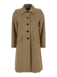 Gucci Women Beige Coat With Pointed Collar In Gg Canvas For Women