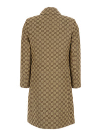 Gucci Women Beige Coat With Pointed Collar In Gg Canvas For Women