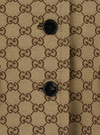 Gucci Women Beige Coat With Pointed Collar In Gg Canvas For Women