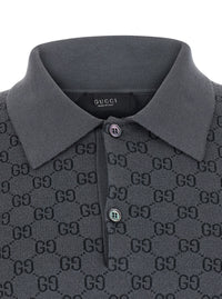 Gucci Men Gray Polo. Shirt With Classic Collar And All-Over Gg Logo In Wool And Silk For Men