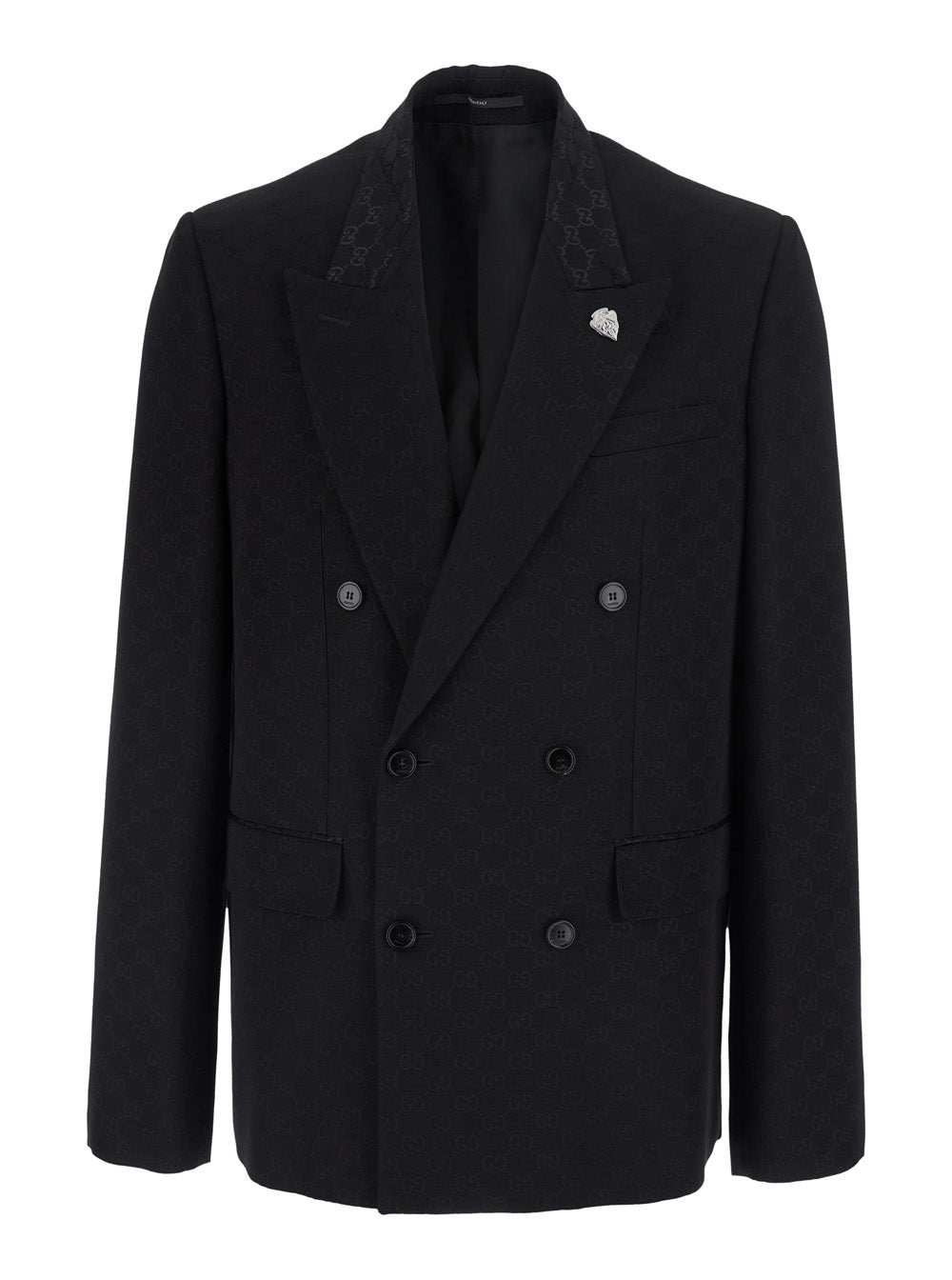 GUCCI Gucci Men Black Double-Breasted Jacket With Peak Revers And Gg Motif In Cotton Blend For Men