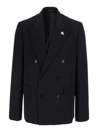 GUCCI Gucci Men Black Double-Breasted Jacket With Peak Revers And Gg Motif In Cotton Blend For Men