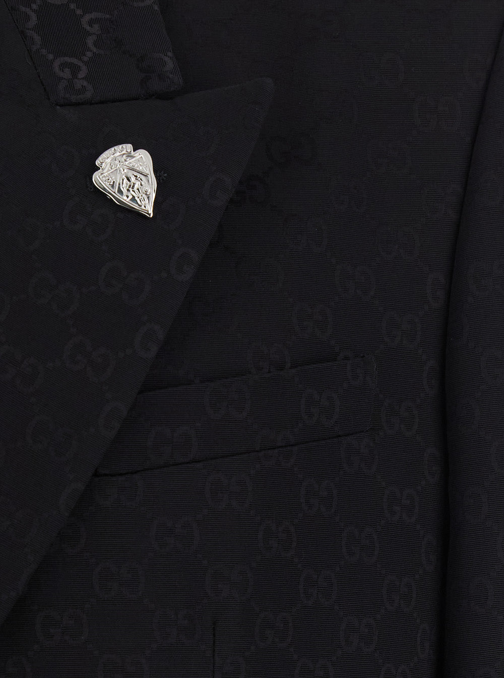 GUCCI Gucci Men Black Double-Breasted Jacket With Peak Revers And Gg Motif In Cotton Blend For Men
