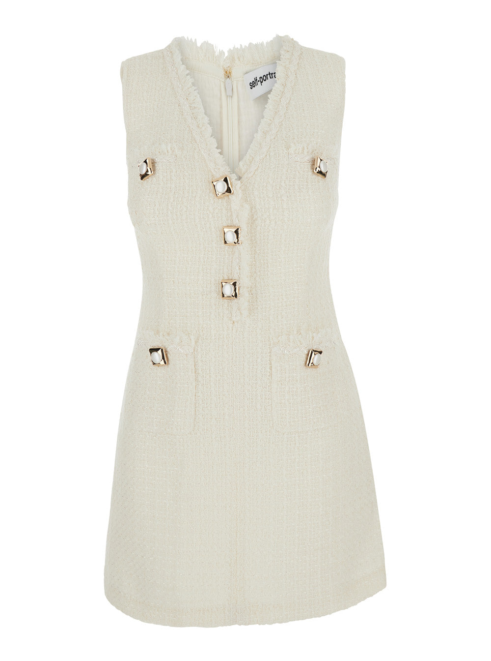 Self-Portrait Women White Sleeveless Mini Dress With V-Neck And Jewel Buttons In Tech Fabric For Women