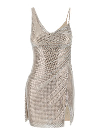 Self-Portrait Women Metallic Mini Dress Sleeveless Draped With Rhinestones And Single Slit On The Front In Tech Fabric For Women