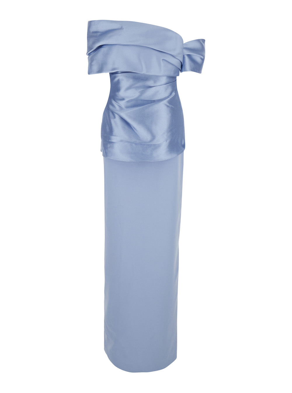 Solace London Women 'Lucine' Light Blue Off-Shoulder Long Dress With Concealed Zip Closure In Tech Fabric For Women
