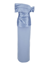 Solace London Women 'Lucine' Light Blue Off-Shoulder Long Dress With Concealed Zip Closure In Tech Fabric For Women