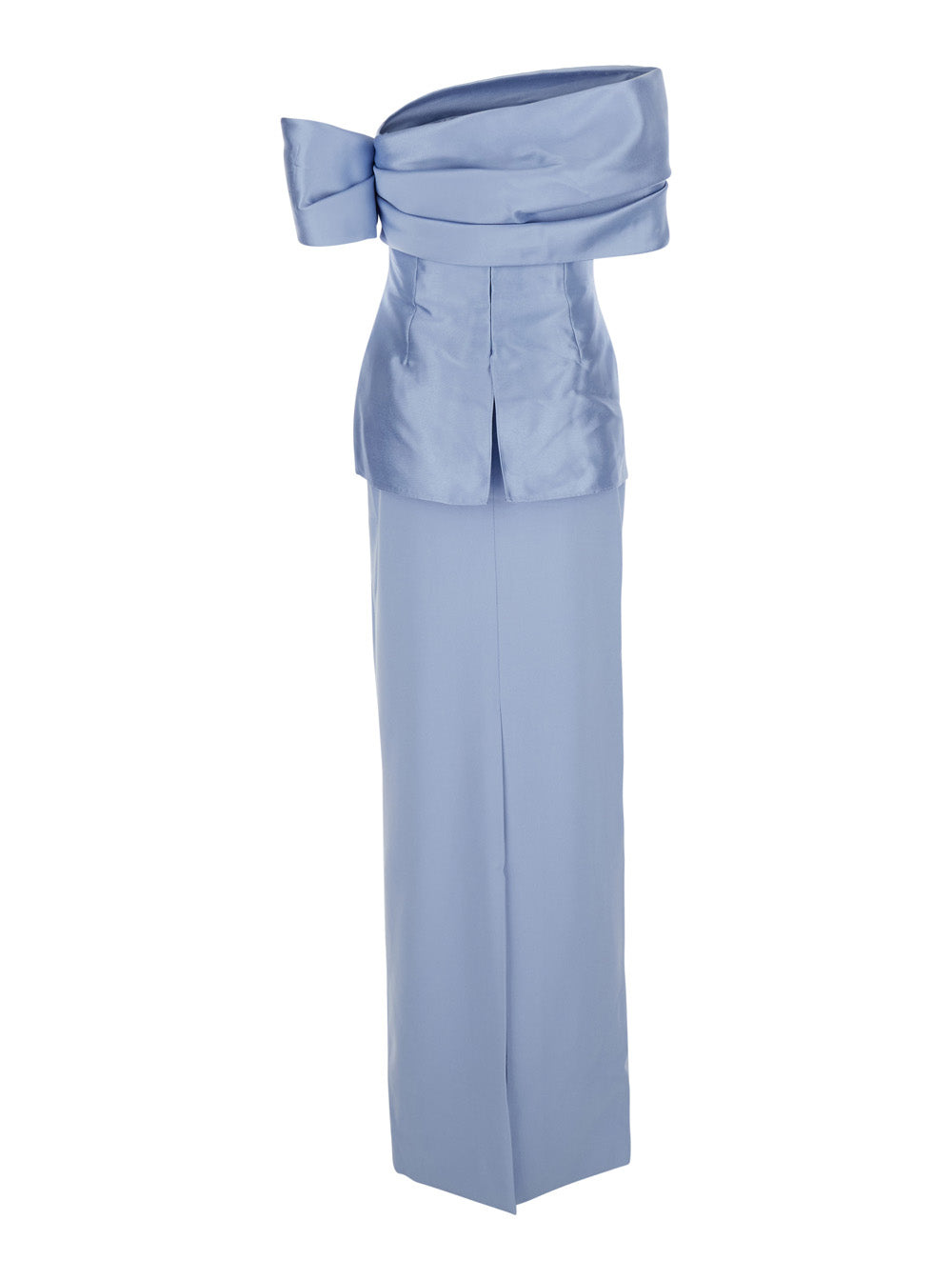 Solace London Women 'Lucine' Light Blue Off-Shoulder Long Dress With Concealed Zip Closure In Tech Fabric For Women