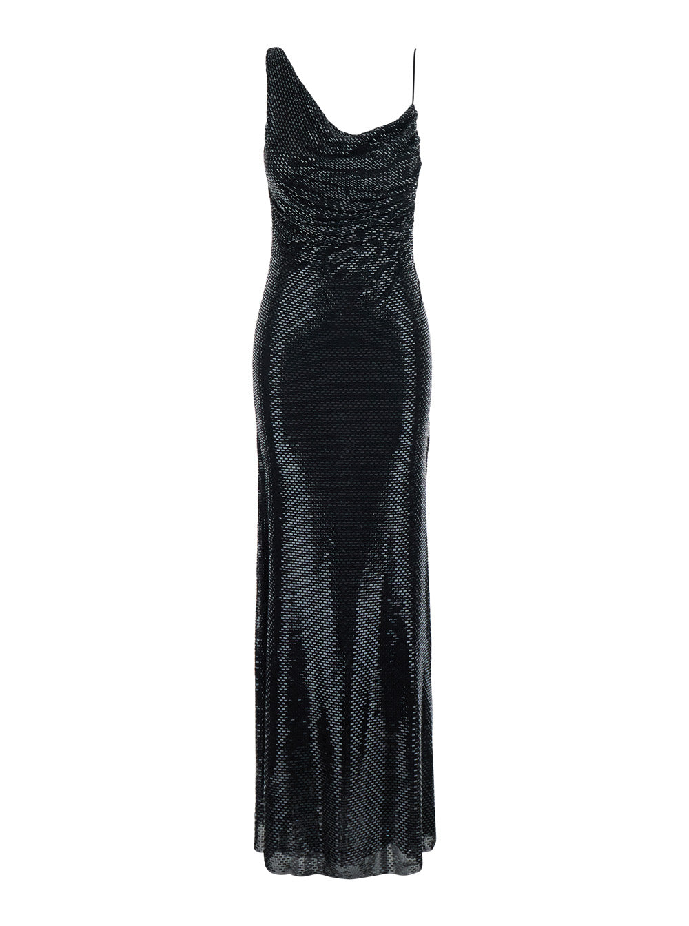 Self-Portrait Women Black Long Dress With Draping And Rhinestones In Tech Fabric Woman