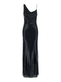 Self-Portrait Women Black Long Dress With Draping And Rhinestones In Tech Fabric Woman