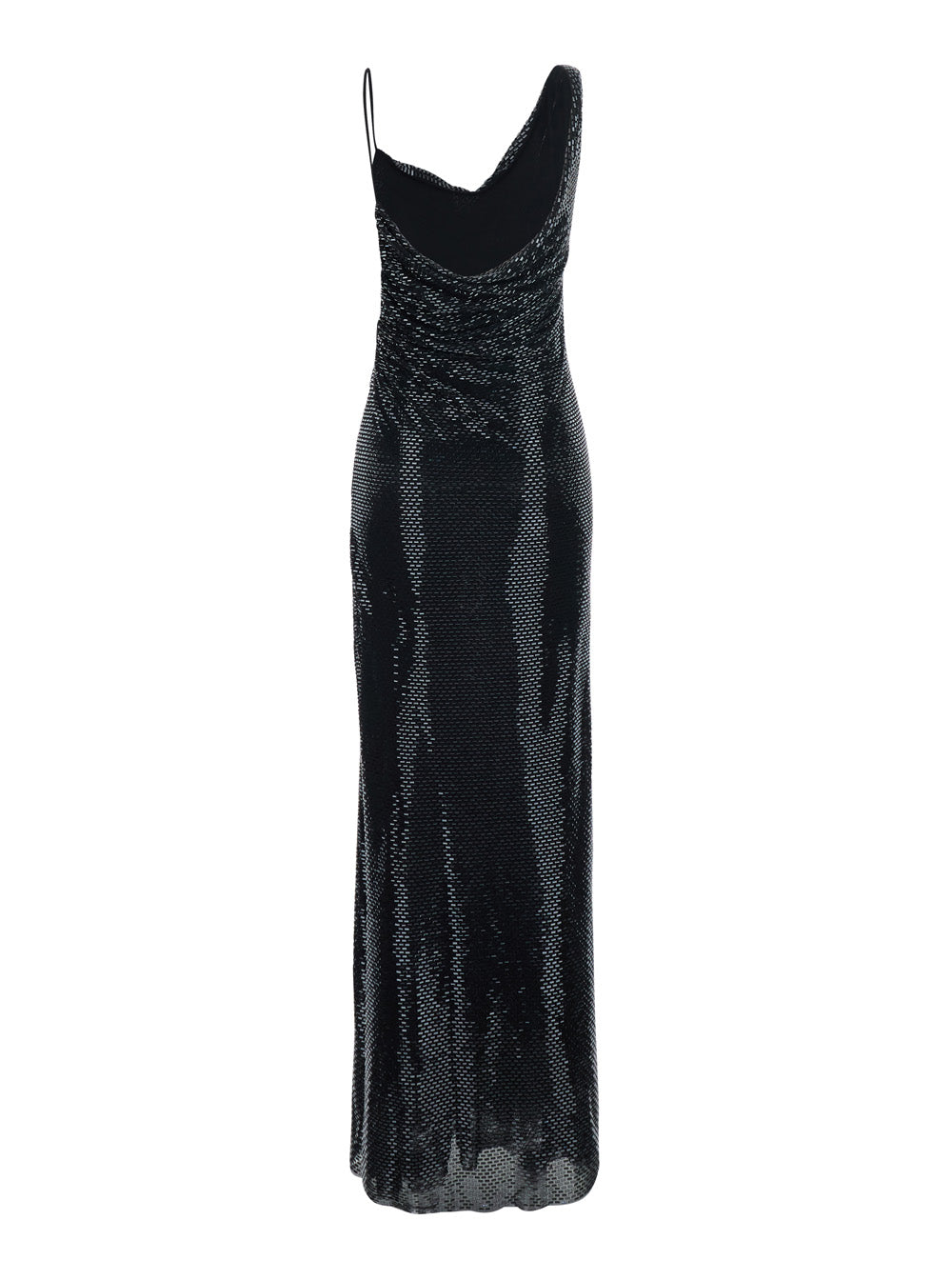 Self-Portrait Women Black Long Dress With Draping And Rhinestones In Tech Fabric Woman