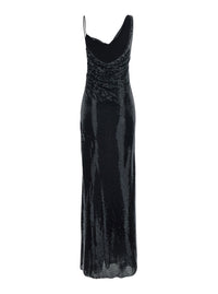Self-Portrait Women Black Long Dress With Draping And Rhinestones In Tech Fabric Woman