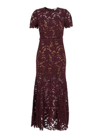Self-Portrait Women Burgundy Long Dress With Lace Details And Round Neckline In Fabric For Women