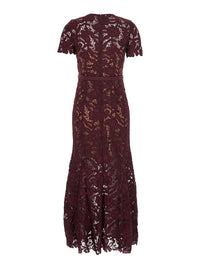 Self-Portrait Women Burgundy Long Dress With Lace Details And Round Neckline In Fabric For Women