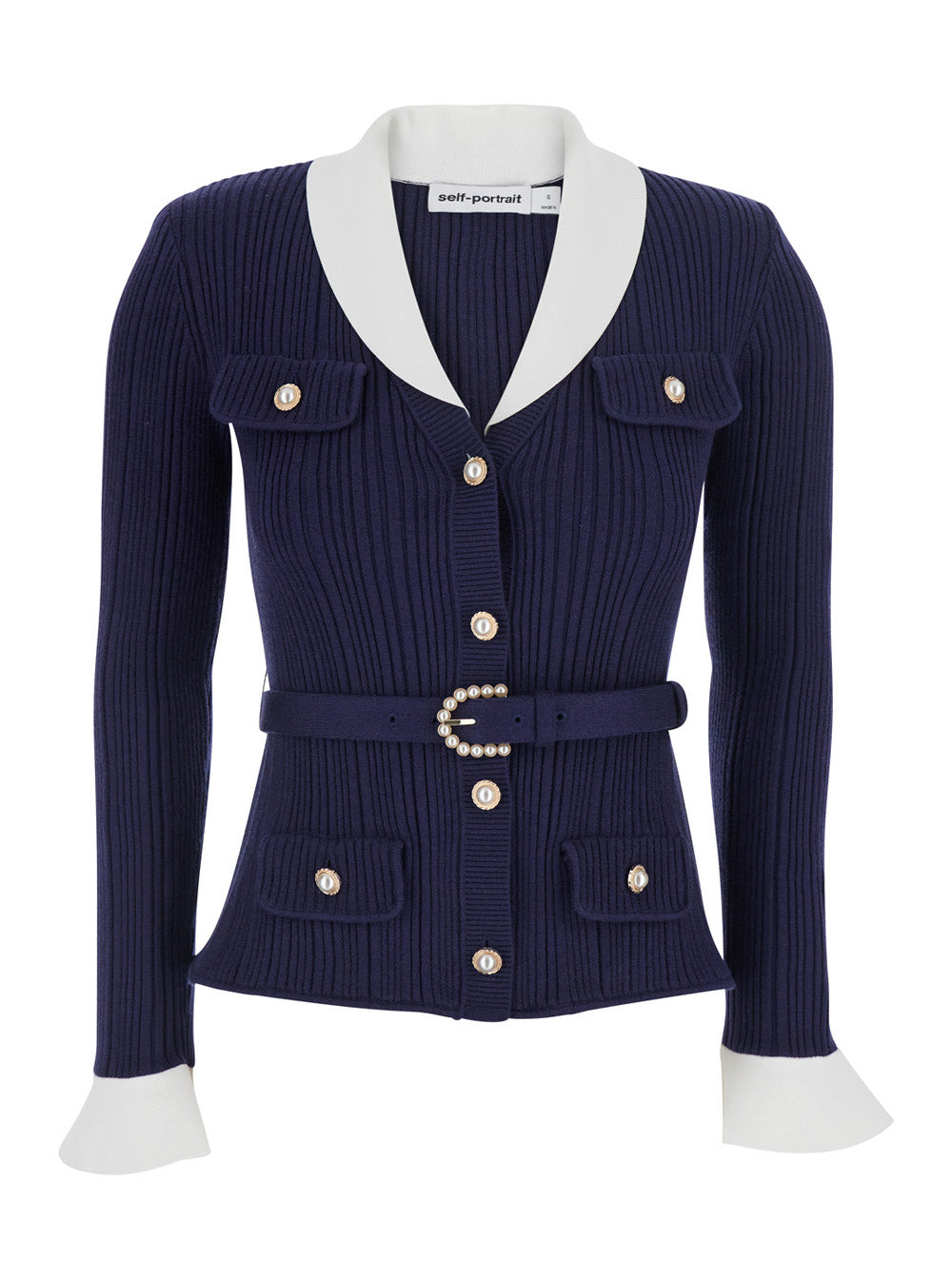 SELF-PORTRAIT Self-Portrait Women Blue Cardigan With Ribbed Texture And Long Sleeves In Fabric And Cotton Woman