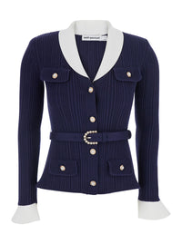 SELF-PORTRAIT Self-Portrait Women Blue Cardigan With Ribbed Texture And Long Sleeves In Fabric And Cotton Woman