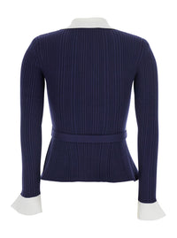 SELF-PORTRAIT Self-Portrait Women Blue Cardigan With Ribbed Texture And Long Sleeves In Fabric And Cotton Woman