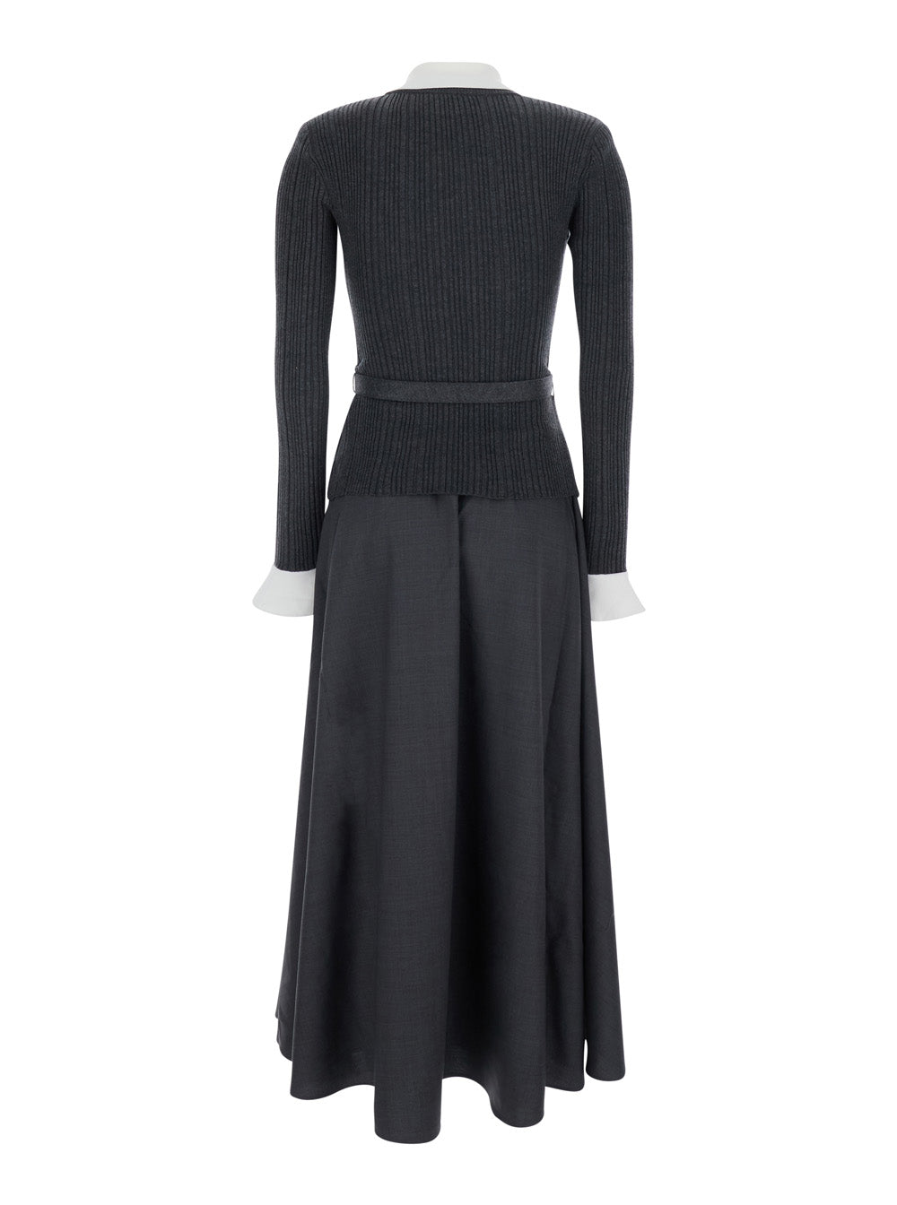 Self-Portrait Women Grey Long Dress With V-Neck And Ribbed Design In Tech Fabric And Cotton Woman