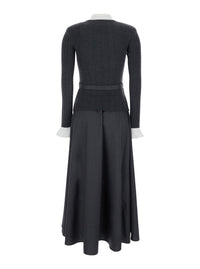Self-Portrait Women Grey Long Dress With V-Neck And Ribbed Design In Tech Fabric And Cotton Woman