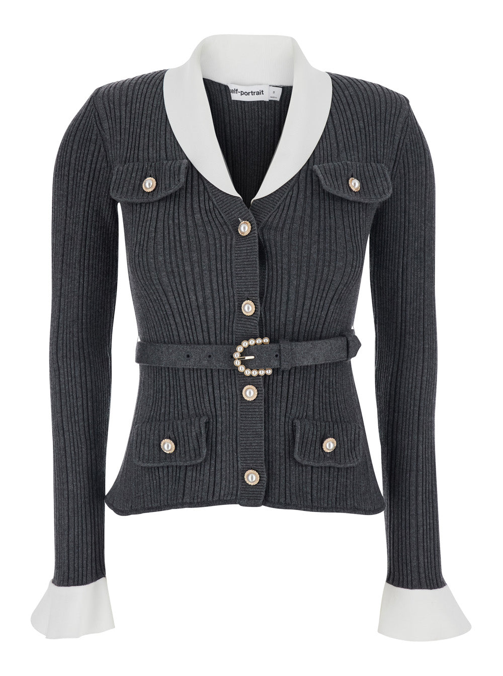 SELF-PORTRAIT Self-Portrait Women Grey Cardigan With Ribbed Texture And Long Sleeves In Fabric And Cotton Women
