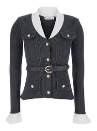 SELF-PORTRAIT Self-Portrait Women Grey Cardigan With Ribbed Texture And Long Sleeves In Fabric And Cotton Women