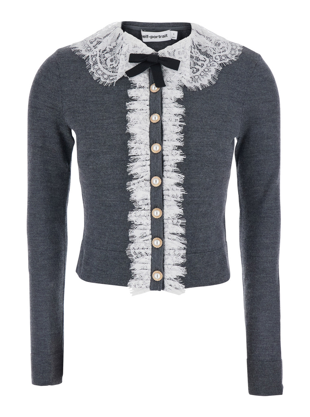 Self-Portrait Women Grey Cardigan With Lace Collar In Wool For Women