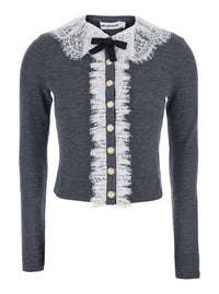 Self-Portrait Women Grey Cardigan With Lace Collar In Wool For Women