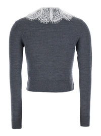Self-Portrait Women Grey Cardigan With Lace Collar In Wool For Women
