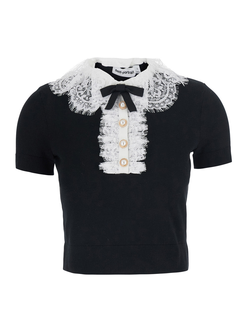 Self-Portrait Women Black Top With Collar With Lace Details In Wool For Women