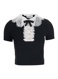 Self-Portrait Women Black Top With Collar With Lace Details In Wool For Women