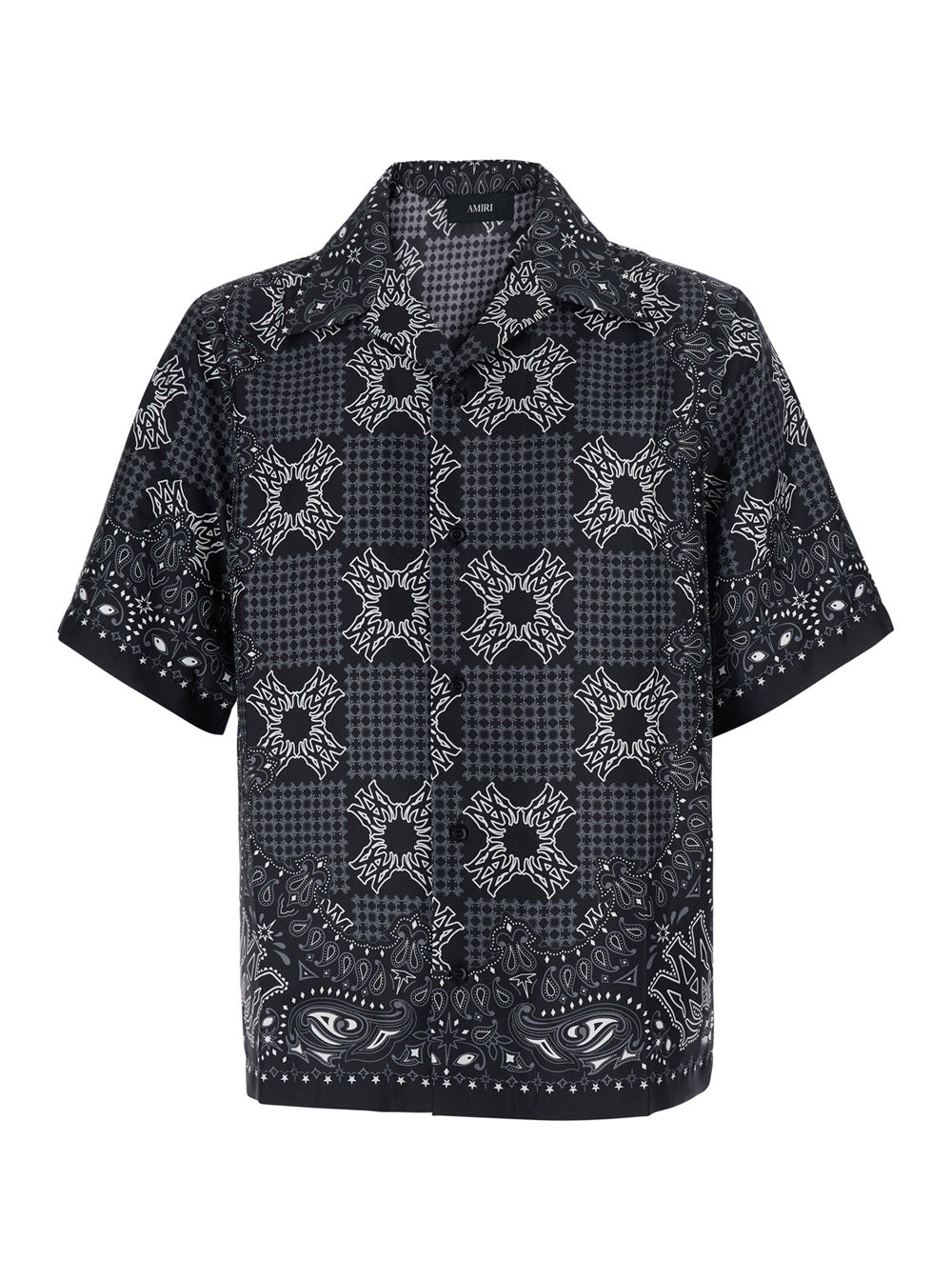 Amiri Men Black Bowling Shirt With Cuban Collar And All-Over Geometric Print In Silk For Men