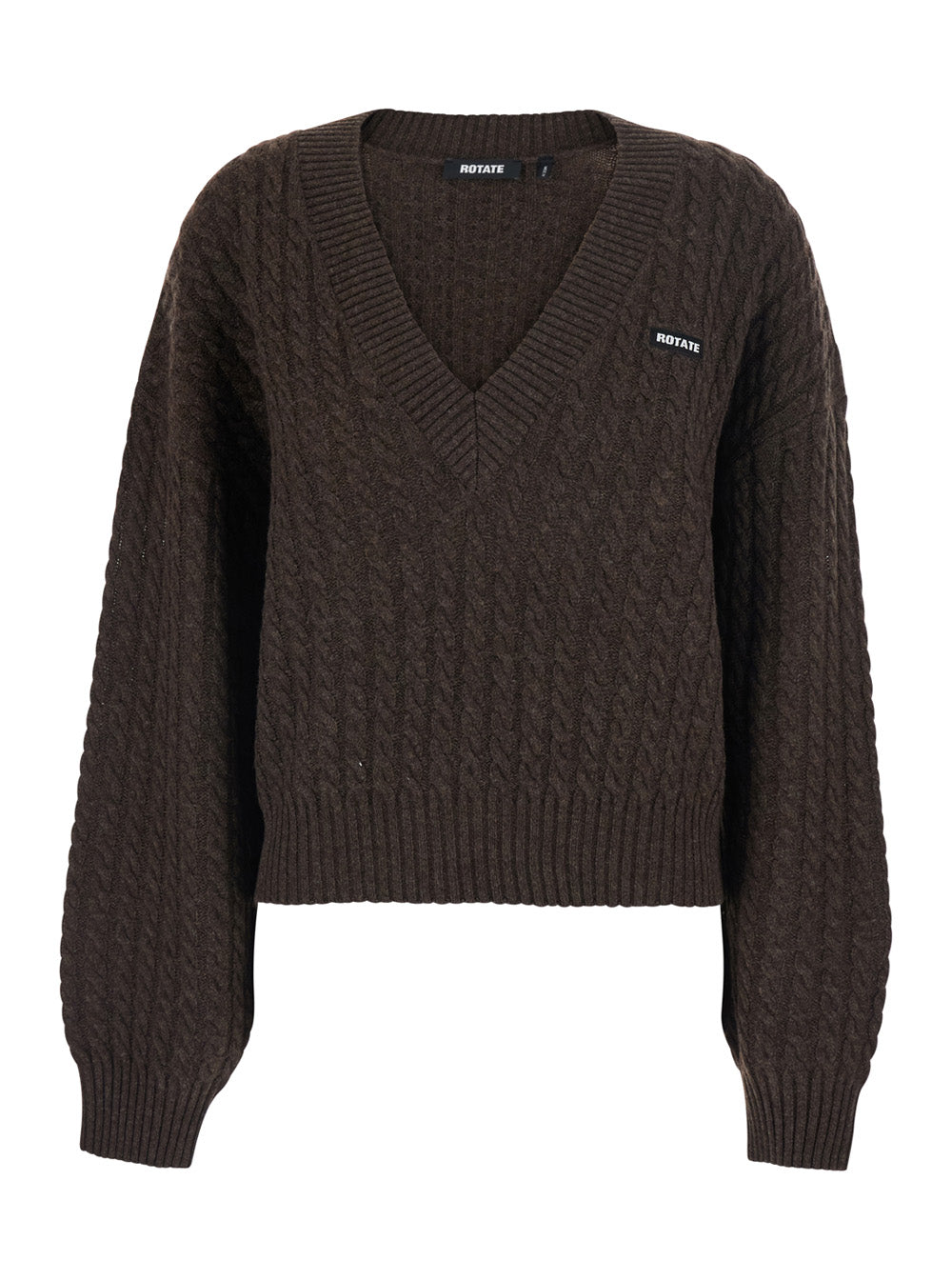 Rotate Women Brown Sweater With V-Neck And Cable Knit In Wool And Cashmere For Women