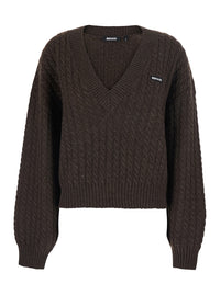 Rotate Women Brown Sweater With V-Neck And Cable Knit In Wool And Cashmere For Women