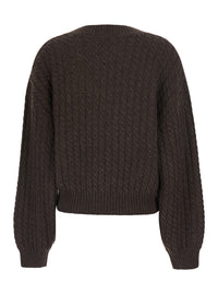 Rotate Women Brown Sweater With V-Neck And Cable Knit In Wool And Cashmere For Women