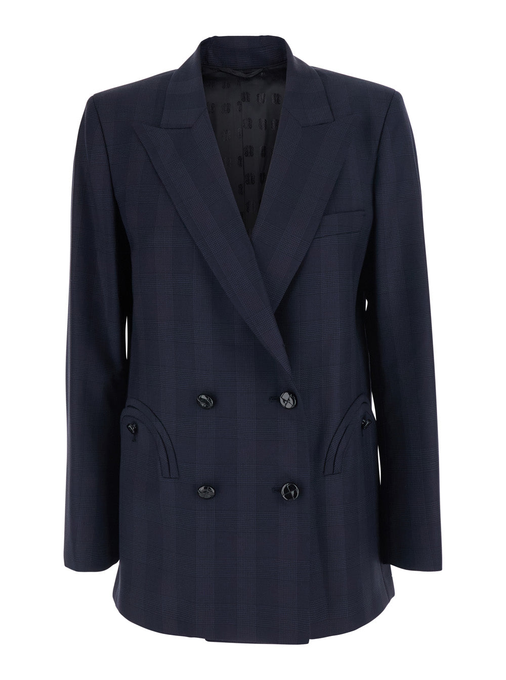 Blaze Milano Women 'Aramis' Blue Double-Breasted Jacket With Peak Revers And Check Motif All-Over In Wool For Women