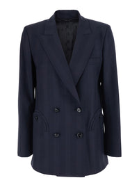 Blaze Milano Women 'Aramis' Blue Double-Breasted Jacket With Peak Revers And Check Motif All-Over In Wool For Women
