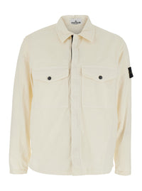 Stone Island Men White Shirt With Classic Collar And Logo Patch On The Sleeve In Cotton For Men