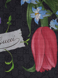 Gucci Women Black Scarf With Floral Print And All-Over Gg In Wool And Silk For Women