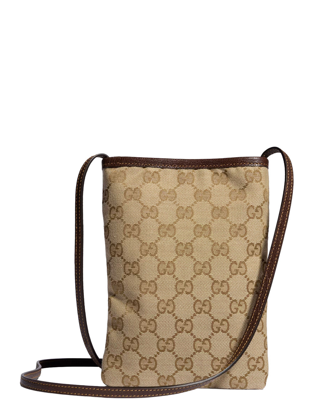 Gucci Women Beige Cell Phone Pouch With Shoulder Strap And Logo Plate On The Front In Gg Supreme Canvas And Leather For Women