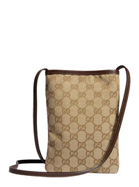 Gucci Women Beige Cell Phone Pouch With Shoulder Strap And Logo Plate On The Front In Gg Supreme Canvas And Leather For Women