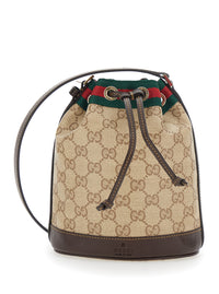 Gucci Women Beige Crossbody Bag With Drawstring Closure And Web Stripe In Gg Canvas And Leather For Women