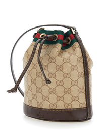 Gucci Women Beige Crossbody Bag With Drawstring Closure And Web Stripe In Gg Canvas And Leather For Women